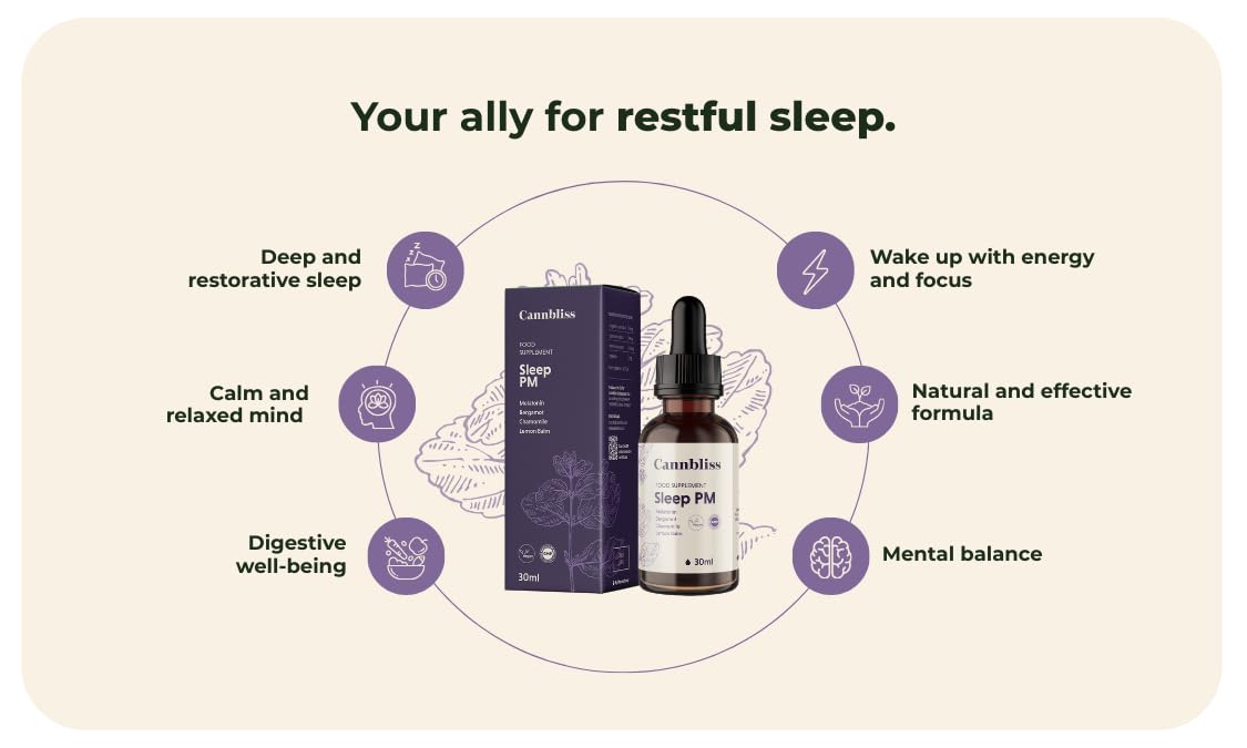 Sleep PM gotas para dormir a base de melatonina, manzanilla, melisa y bergamota 30 ml. Suplemento natural para el sueño sin gluten, lactosa ni alcohol. Sueño profundo y reparador