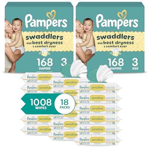 Image of Pampers Swaddlers Disposable Baby Diapers Size 3, 2 Month Supply (2 x 168 Count) Sensitive Water Based Baby Wipes 12X Multi Pack Pop-Top and Refill (1008 Count) [Packaging May Vary]