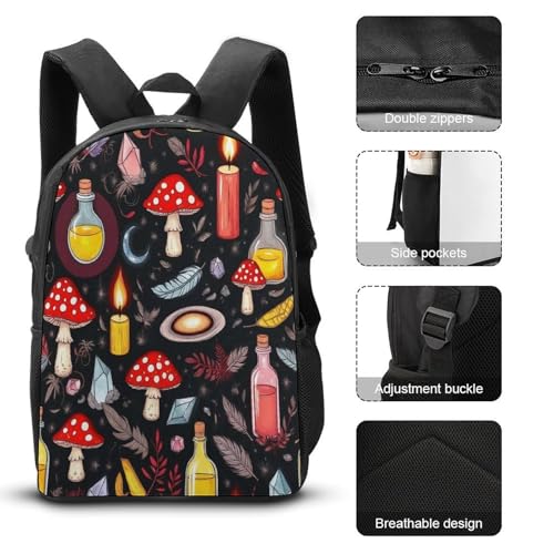3 Pcs Set Waterproof Witch Witchy Goth Magic Mushrooms Backpack with Lunch Box Pencil Pouch Set, Backpacks for Travel Accessories3