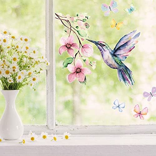 Spring Window Stickers - Hummingbird & Butterflies Window Decals, Reusable Spring Decor, Easy to Apply & Remove