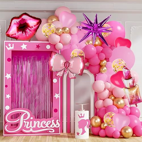 BIQIQI Balões Barbi, 108 peças grinalda balões rosa vermelha dourados coração 4D estrela explosão batom beijo borboleta para mulheres noiva casamento Baby Shower Barbi princesa aniversário