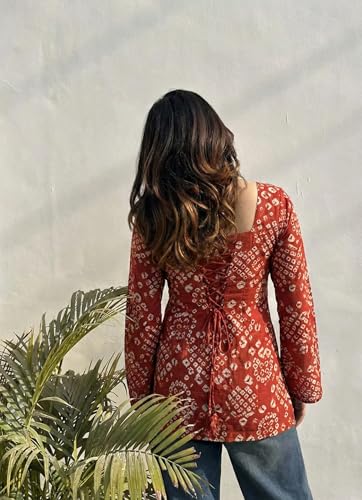 Image of ANNI Designer Women's Viscose Printed Short Kurti | Straight Fit Ethnic Top with Square Neck | Bell Sleeve Casual Indian Kurta for Office College, Party