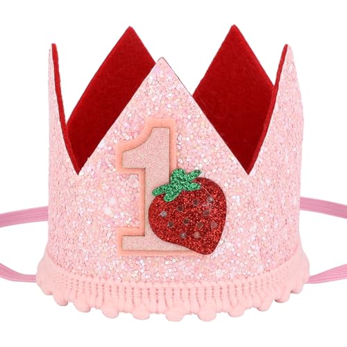 Tinoaly Berry First Birthday Hat for Girls, Sweet Pink Sequin Strawberry Crown Headband Cute 1st Birthday Party Celebration Cap for Cake Photo Props Baby Shower Decoration Supplies