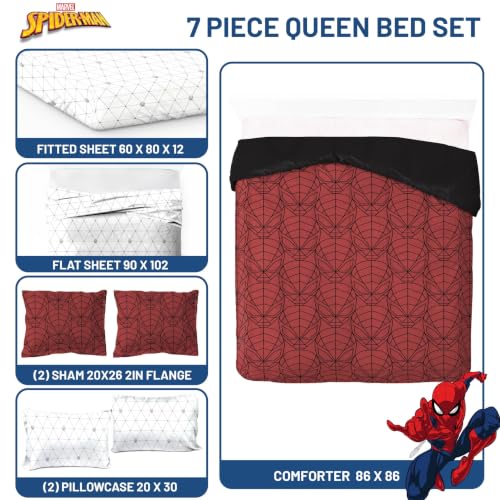 Image of Marvel Spiderman Queen Comforter Set 7 Piece Bedding for Boys, Red