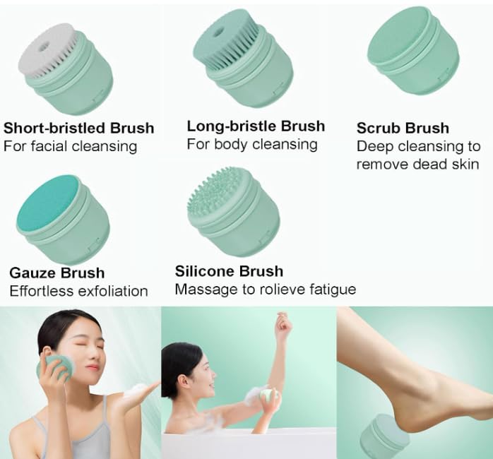 Cepillo de baño de doble mango, cepillo eléctrico para el cuerpo, cepillo de espalda para ducha, cepillo de limpieza profunda con mango largo, masaje exfoliante de giro automático cepillo (Verde)