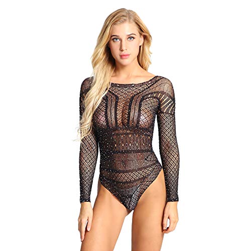 Women Sexy Sparkle Rhinestone Teddy Fishnet Long Sleeve One Piece Bodysuit Sheer Mesh Jumpsuit Leotard Tops Lingerie Glitter Lace Babydoll Sleepwear Nightwear Dance Party Clubwear Black One Size