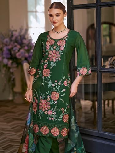 Image of INDO ERA Women's Silk Blend Floral Embroidered Thread Work Kurta & Pant with Dupatta Set (IEOUT13230)