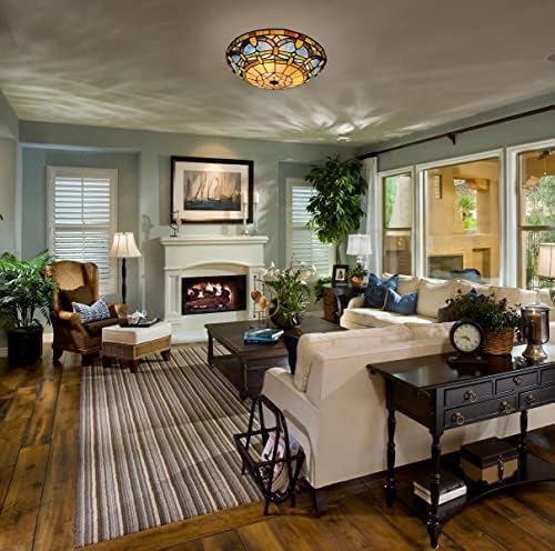 ARTZONE Tiffany Ceiling Lights, Stained Glass Ceiling Light 3-Lights 16 Inch Tiffany Flush Mount Ceiling Light Fixture for Bedroom Dining Living Room Entryway Foyer(Amber Blue)