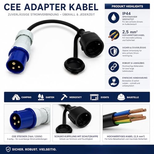 CEE Kabel Adapter Stecker auf Schutzkontakt-Kupplung IP44 Electraline spritzwassergeschützt I H07RN-F 3G2,5 / 16A für Camping,Caravan und Wohnwagen etc – Bild 2