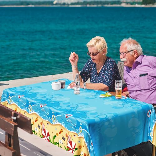 Image of QZYL 4 PCS Summer Beach Tablecloth, 54 x 108 Inch Pool Beach Tablecloth Summer Party Decorations, Disposable Plastic Beach Table Cloth, Hawaiian Table Cloth for Summer Tropical Pool Party Decorations