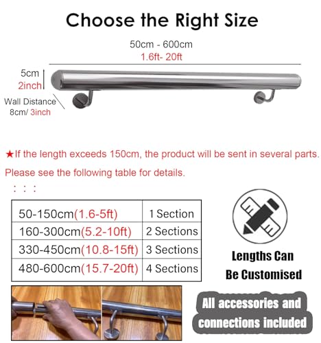 Barre d'appui pour escalier intérieur kit rampe murale avec support antidérapant - 6