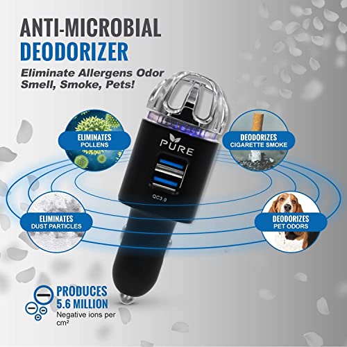 Car Air Purifier Premium Air Ionizer & Car Charger Accessory W/ Dual Usb Ports - Quick Charge 3.0 - Eliminate Allergens Bad Odor Pet Smell Smoke Pollen Mold Bacteria Viruses Pm2.5 & Vocs Deodorizer (Black) #TOP2