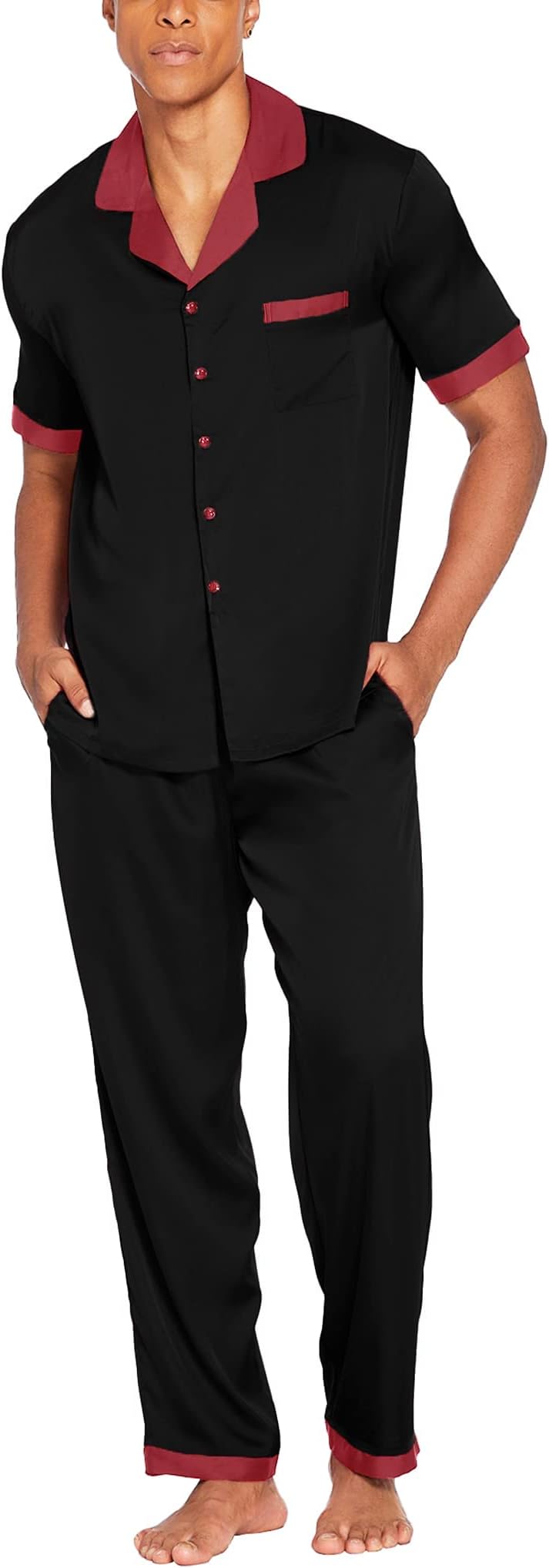 Ekouaer Men Satin Silk Pajamas Set 2 Piece Button Down Sleepwear Long Pants Loungewear with Pockets