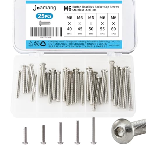 Joamang M6 x 40mm 45mm 50mm 55mm 60mm Button Head Socket Cap Screws Bolts, Stainless Steel 304, Metric Allen Hex Drive, Bright Finish, Fully Threaded, Assortment Kit 25PCS