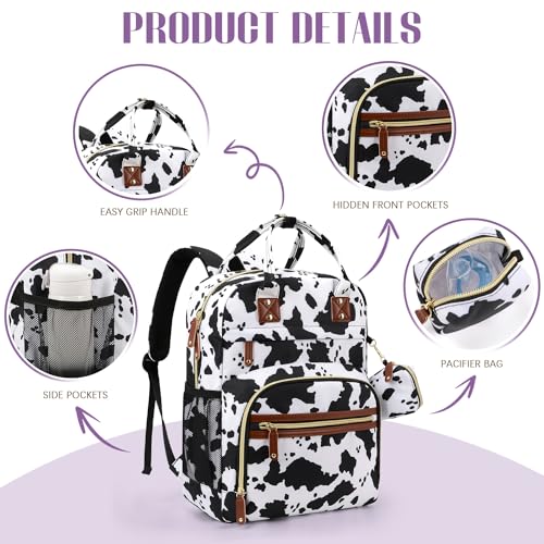 Image of Tuwubi Diaper Bag Backpack, Baby Essentials Travel Tote Bag, Multi function Waterproof Backpacks, Travel Essentials with Stroller Straps & Pacifier Case - Cow Print