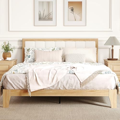HOMCOM Queen Size Bed Frame, Platform Bed Frame with Upholstered Headboard and Wooden Slats, No Box Spring Needed, Easy Assembly, Oak