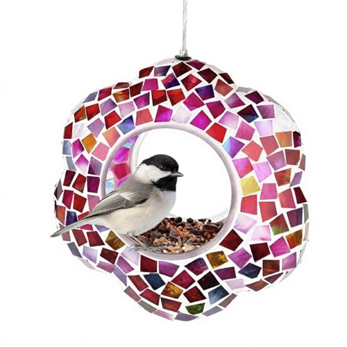 Lily's Home 8.25 Inches Glass Mosaic Hanging Bird Feeder for Outdoors Fly-Through Large Bird Feeder for Outdoor Garden Decor Backyard, Excellent Gift for Animals Lovers, Purple, Pink and Red