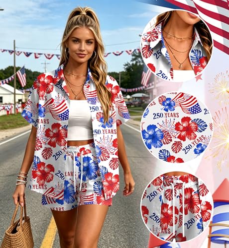Image of Women 4th of July Outfit 2 Piece Set Short Sleeve Button Down Shirt and Shorts American Flag USA 250th Anniversary