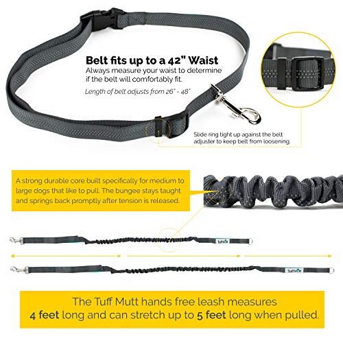 Tuff Mutt Hands Free Dog Leash For Running, Walking, Hiking, Durable Dual-Handle Bungee Leash Is 4 Feet Long With Reflective Stitching, And An Adjustable Waist Belt That Fits Up To 42 Inch Waist #TOP6