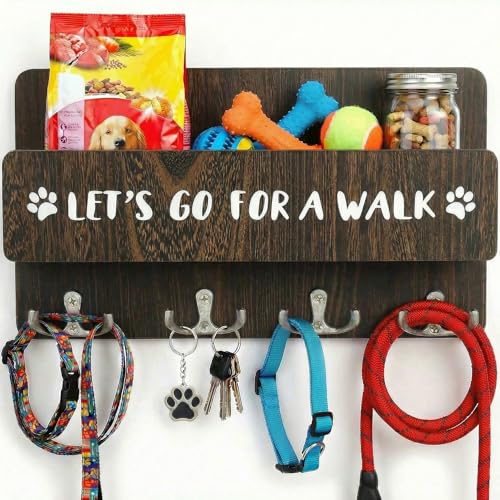 Exquilnova Hundegarderobe mit Ablage Wandhaken für Hundeleine mit 8 Haken Große Kapazität Hunde Garderobe für Hundezubehör Hölzerne Hundeleinen Halterung Wand für Flur Eingangsbereich (Braun)