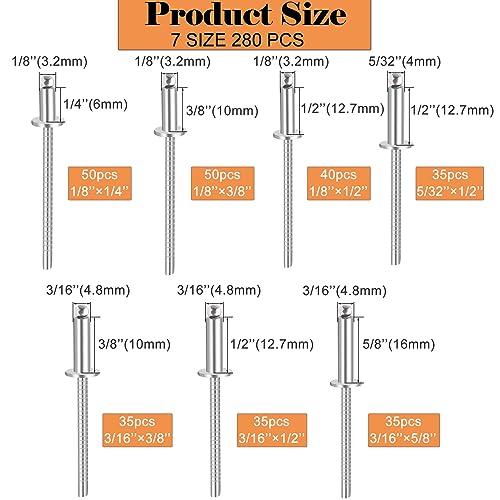 Image of 280pcs 304 Stainless Steel Pop Rivets Assortment Kit,7 Sizes Stainless Rivets 1 /8 5 /32 3 /16inch Assorted Blind Rivets,Used for DIY Home Use, Connecting Plastics, Wood, Handles and Laminates
