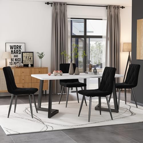 Juego de comedor con mesa de comedor y 4 sillas negras, mesa de comedor con 4 sillas, juego de comedor con patas negras en forma de V, silla de comedor de terciopelo, para su comedor, cocina y cena