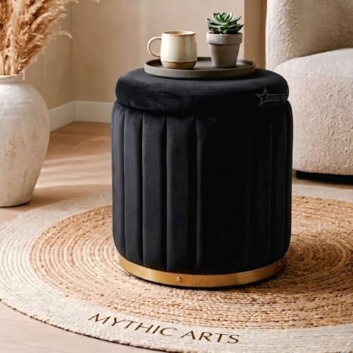 Image of Superior Round Storage Ottoman Stool 13 X 13X 16 inch, with Gold Metal Base | Elegant Pouffe with Secret Storage | Cushioned Footrest for Living Room, Bedroom, and Lounge Black