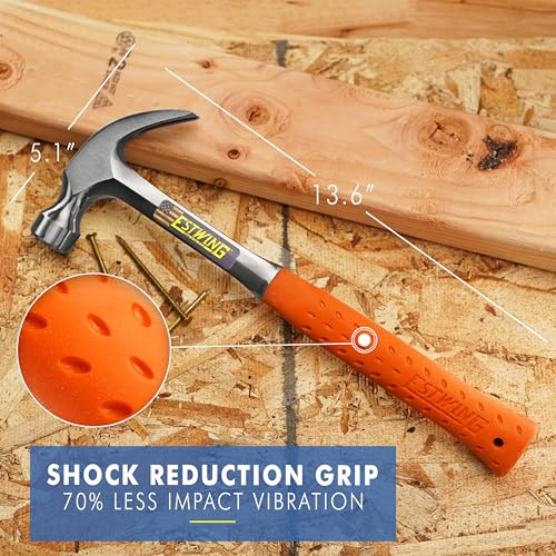 Image of ESTWING Curved Claw Hammer - 20 oz USA Made Curved Claw Hammer with Forged Steel Construction & Hi-Vis Orange Shock Reduction Grip - EO-20C