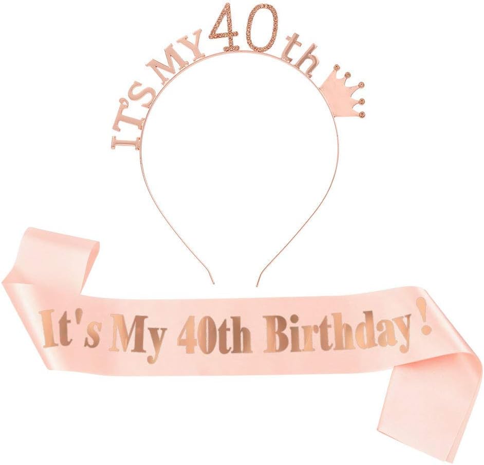 Camelliass 40th Birthday Tiara and Sash, Rhinestone Birthday Crown Headband Satin Sash for 40th Happy Birthday Party Decorations Supplies