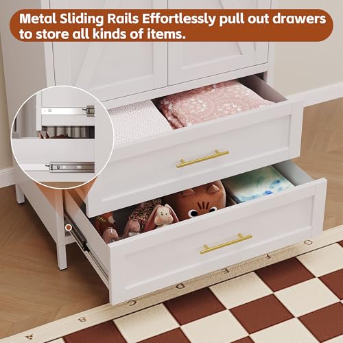 Image of Metal Wardrobe Cabinet with Hanging Rod and Drawers, Metal Armoire Wardrobe Closet with Adjustable Shelf for Home,Installation Required,White