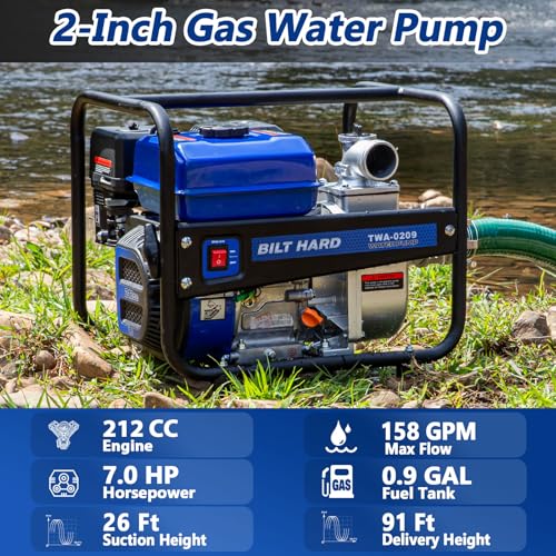 BILT HARD Semi Trash Pump 2 inch, 158 GPM 7HP Gas Powered Water Pump, 212cc 4-Cycle Engine with 50 ft Discharge Hose, 12 ft Suction Hose and Complete Fittings, EPA Certified