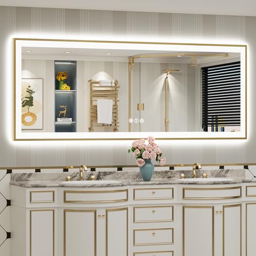 Image of 84x32 Gold LED Bathroom Mirror with Lights, Backlit & Front Lit | Brushed Gold Framed, Anti-Fog Lighted Vanity Mirror, Dimmable, 3-Color Temp, Memory, CRI95, HD Tempered Glass, UL Listed
