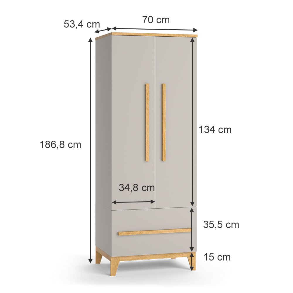 VitaliSpa Guardaroba per bambini Malia, Quercia cashmere, 70 x 186.8 cm, per la conservazione di abbigliamento per bambini e combinabile