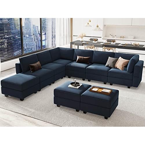Belffin Modular Sectional Sofa with Ottoman, Velvet L-Shape Corner Sofa Set, 7-Seater, Blue, Wood Frame, Storage Seats, Convertible, Space-Saving L Sh