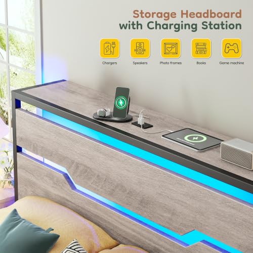 Image of Homkdom Twin Metal Bed Frame with LED Storage Headboard & USB Ports Grey | Underbed Storage for Saving Space, Noise-Free Quiet Sleep Setup for Teens Room, College Dorms & Small Studio Apartments