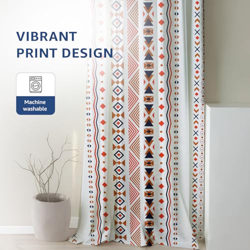 Image of Amazon Basics - Geometric Print Light Filtering Curtains | 100% Cotton 150 TC | Set of 2 | 7 Feet | 115 x 210 cm | Multi-Color | Eyelets & Tiebacks| Ideal for Bedroom and Living Room