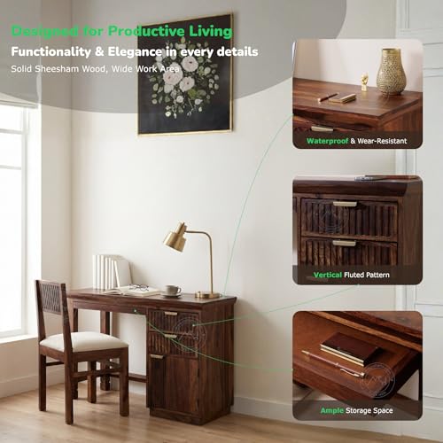 Image of NSH Solid Sheesham Wood Study Table with Chair | Wooden Writing Desk with Drawer & Door Storage | Pre-Assembled Computer Desk Workstation for Home Office & Study Room | Teak Finish