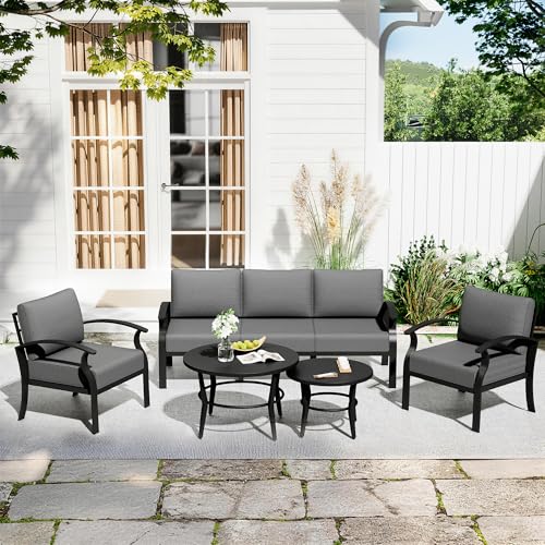 Image of Aluminum Patio Furniture Set with 2 Round Coffee Tables, 5 Seats Outdoor Patio Conversation Sets w /5.1 inch Cushions,Patio Conversation Sets for Garden, Backyard, Porch-Grey