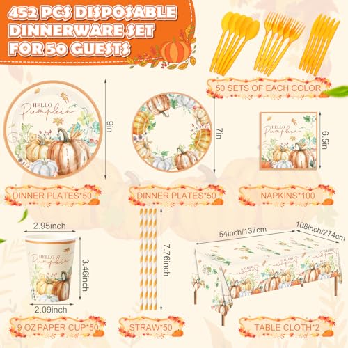 Image of Funnymoom 452 Pcs Hello Pumpkin Thanksgiving Fall Party Supplies for 50, Thanksgiving Pumpkins Paper Plates Napkins Cups Tablecloth Cutlery Straws for Autumn Harvest Birthday Baby Shower Decorations