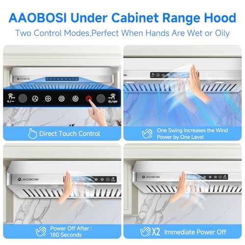 Image of AAOBOSI 30 Inch Under Cabinet Range Hood, 800 CFM Stainless Steel Kitchen Vent Hood with Gesture Sensing, Touch Control, 3-Speed Exhaust Fan, LED Lights, Ducted Range Hood