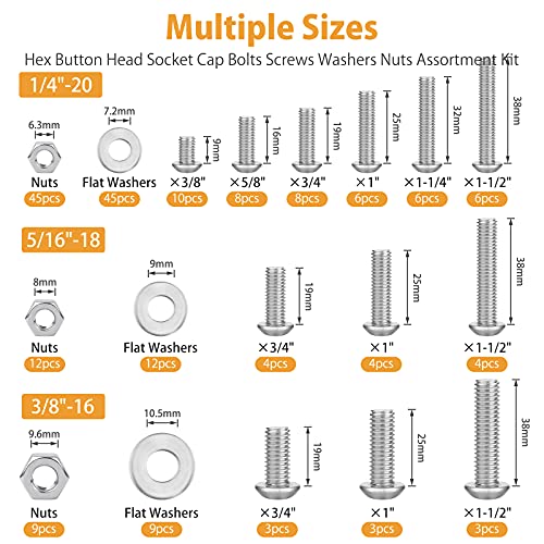 Vigrue 1/4-20 5/16-18 3/8-16 Button Head Cap Screw, Vigrue 197Pcs Sae 12 Sizes Hex Cap Bolts Flat Washers Nuts Assortment Kit Machine Screws Set thumb #1