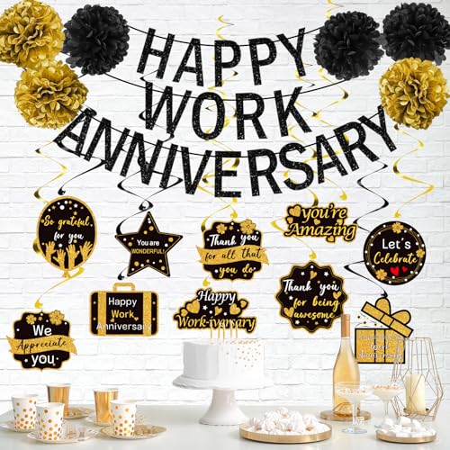 Image of Happy Work Anniversary Decorations Black Gold, Happy Anniversary Banner for Employee, Work Anniversary Workiversary Decorations for Party, We Appreciate You Office Party Decorations
