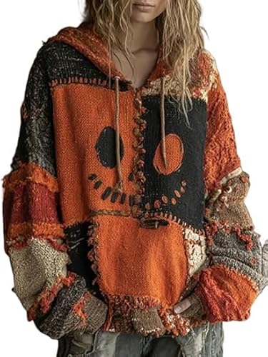 Halloween Spooky Face Patchwork Print Hoodie Pumpkin Face Sweatshirt for Women (US, Alpha, XX-Large, Regular, Regular, Pumpkin)