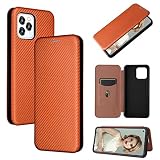 TiHen Compatible con Cover Oukitel C21 Pro, Flip Fibra di Carbonio Custodia [Test di caduta] Antiurto Protettiva Stand con Slot per Schede, Vetro Temperato*2-Marrone