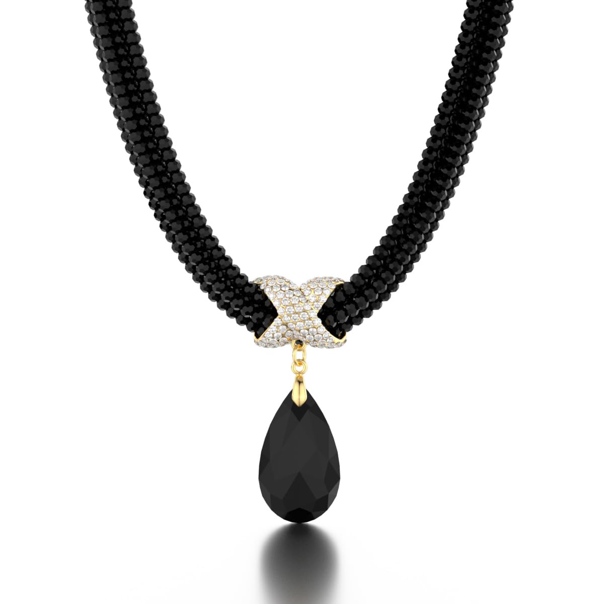 ZFAIRY Crystal Statement Necklace, Black Beaded Choker with Teardrop Pendant, Gold-Tone Chain