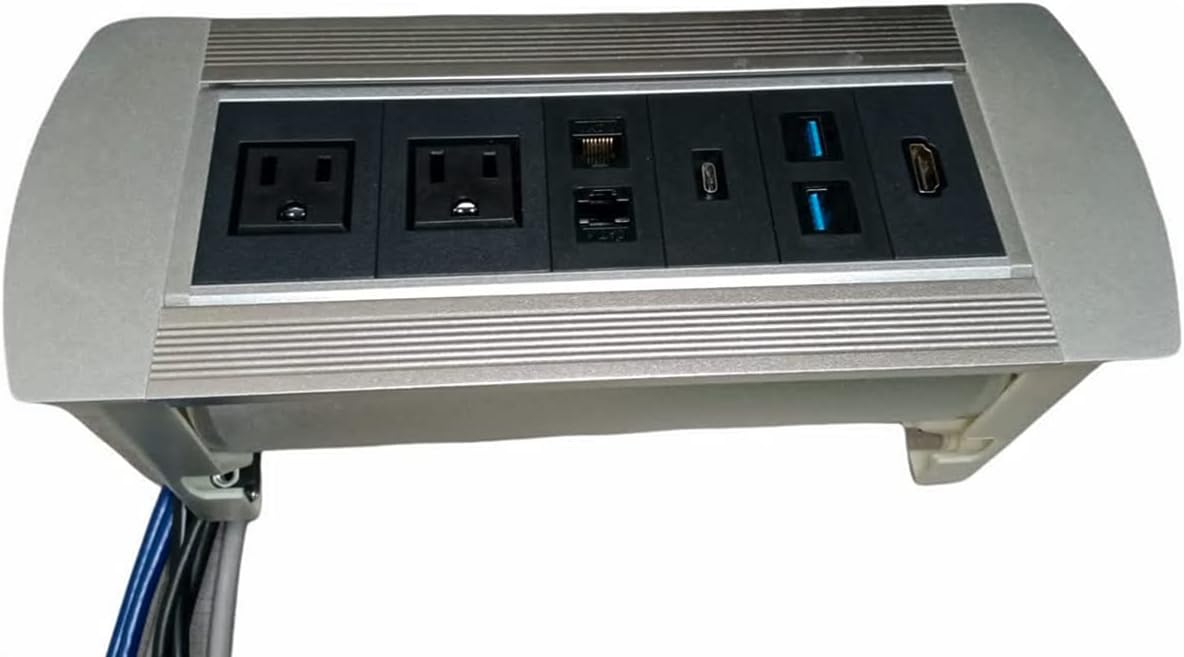 Conference Table Connectivity Box/Power Hub: 2 AC + 2 RJ45 CAT6 + 1 USB Type C + 2 USB Data 3.0 + 1 HDMI