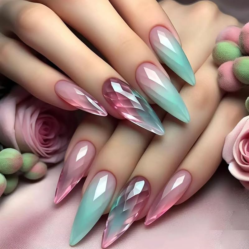 Almond Fake Nails Medium Press on Nails Cat Eye Nails Press Ons Chrome Glossy Acrylic Nails with Green Pink Gradient Design Stick on Nails Full Cover Acrylic Nails Glue on False Nails for Women 24Pcs