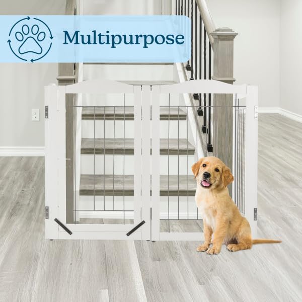 Freestanding Dog Gate - 4-Panel Foldable Indoor Pet Fence with Lockable Door and Support Feet - 80x32in Extra Wide Wood Dog Gate for Stairs, Hallways, or Doorways by PETMAKER (White)