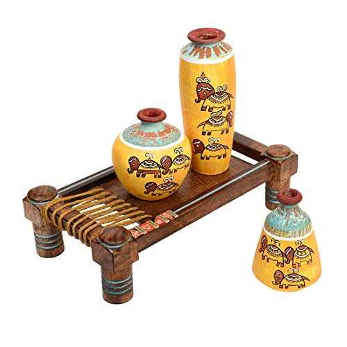 Image of Aakriti Art Creations Terracotta Vases Set of 3 with Wooden Chowki Stand | Handmade Flower Vases | Yellow Madhubani Happy Elephant Art Decorative Vases | Matte Finish Home Decor Items for Living Room