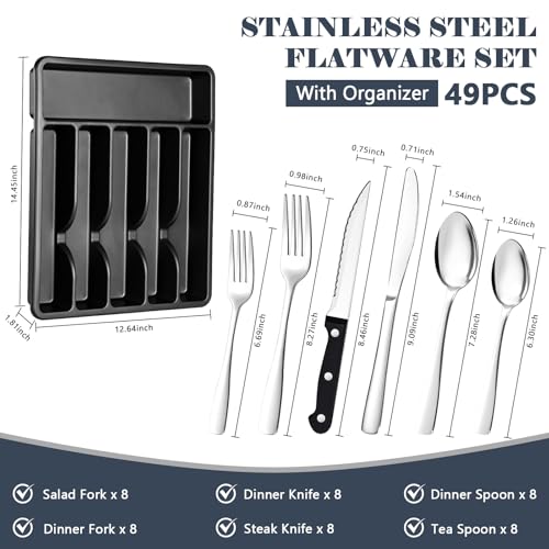 image for BEWOS 49-Piece Silverware Set with Organizer - Stainless Steel Silverw